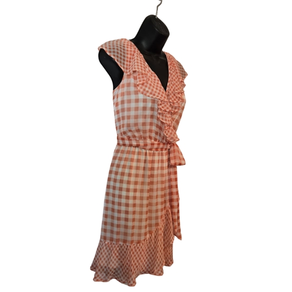 Gingham Ruffle Wrap Dress - Orange - Picture 3 of 8
